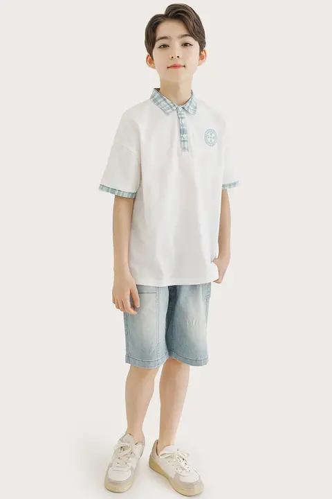 チェック柄デザインの子供用ポロシャツ【学院風・夏用・半袖】（セットアップ対応）