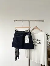 リボン付きハイウエストデニムミニスカート【深紺色・Aライン・防透け】（セットアップ対応）