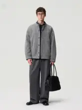 チェック柄のジョイントデザイン メンズウールジャケットダウンコート【立ち襟・冬用・極上の柔らかさ】（セットアップ対応）