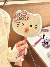うちわ 麦わら 手作り 刺繍 猫柄 チェック柄縁取り レトロ 撮影小道具 インスタ映え