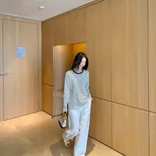 クラシックボーダーのクルーネック長袖Tシャツ【全棉・ゆったりフィット・女性用】