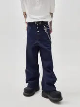深い青のビンテージデザインデニムパンツ【弯刀型ボタン・カジュアルスタイル】