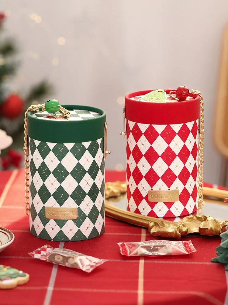 クリスマス用 円形ギフトボックス：おしゃれな手提げタイプでお菓子や口紅を美しく包装