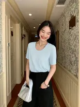 白色 Uネック 半袖 Tシャツ 女性 夏用 ゆったりとした コットン