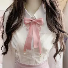 リボンデザインの女学院風ブラウス【飾り蝶結び・シルクリボン付き・胸元アクセサリー】