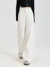 ホワイトのハイウエストワイドレッグデニムパンツ【ストレート・ドラッグレングス・シンプルスタイル】