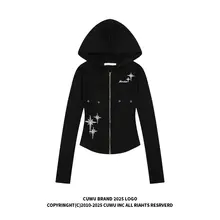 レディース ビンテージストライプフード付き長袖Tシャツ【星柄プリント・スリムフィット・秋用】