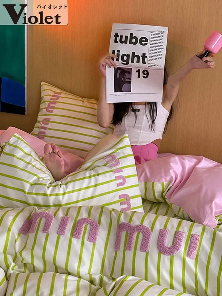 Violet バイオレット 全棉ストライププリント 四点セット【シーツ・カバー・寝具】（セットアップ対応）