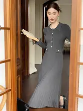 洗練されたデザイン！ニットピケ襟付きフレアワンピース【女性用・ウエスト部分が引き締まる・ロングスタイル】