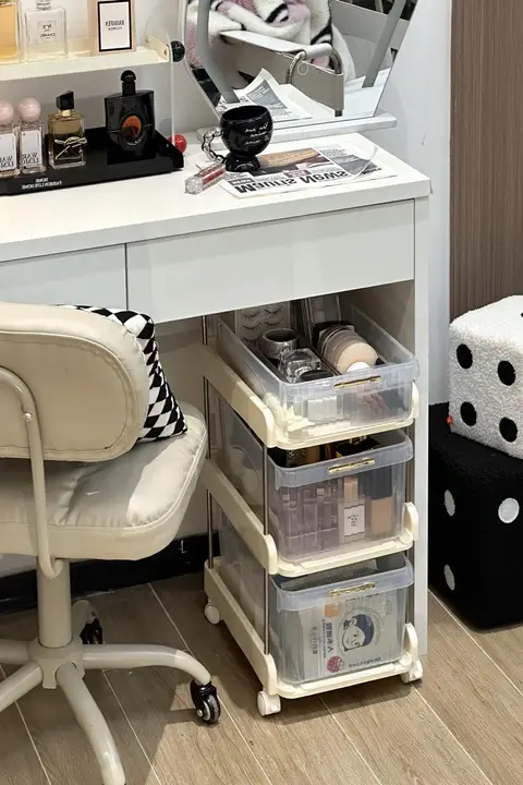 メイクアップ収納キャビネット【移動可能・化粧品用・引き出し付き・小型ローラーカート】