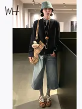 アメリカンレトロ ハイウエスト ゆったりストレートカット 七分丈デニムパンツ【春夏向け・女性用・スタイルアップ】（セットアップ対応）