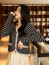 羊毛Vネックストライプ長袖ニットカーディガン【極上の柔らかさ・女性用】