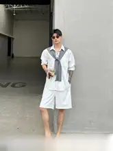 セットアップ メンズ 長袖シャツ ハーフパンツ ケープデザイン ストライプ バイカラー オフィスカジュアル きれいめ 上品 「cuibuju」