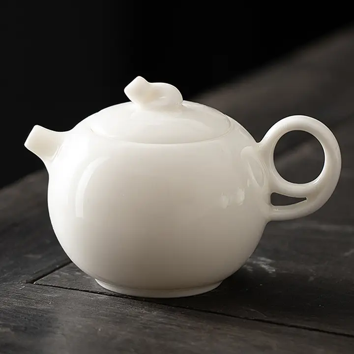 大容量 陶器製 茶こし付き茶ポット【白磁・功夫茶具・取っ手付き】