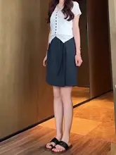 学院風エンジニアリングワンピースパンツ【夏用・薄手・ハイウエスト・Aライン・カジュアル・ワイドレッグ】（セットアップ対応）