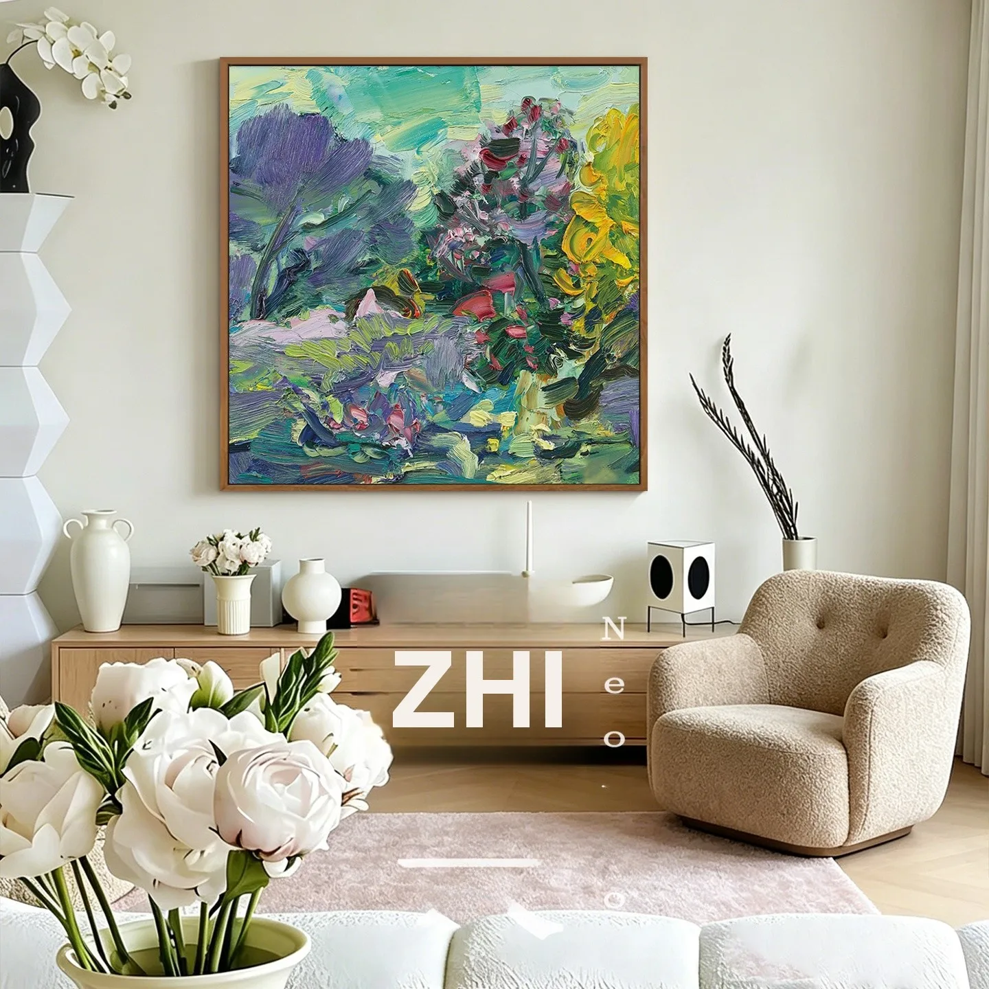 春の花が咲く中華風オフィス用手描き油絵：風景画 インテリアの選定基準と実際の適用シーン