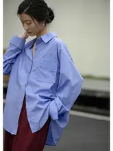 デザイン性のあるゆったりとした女性用シャツジャケット【秋冬用・長袖・ブルー】