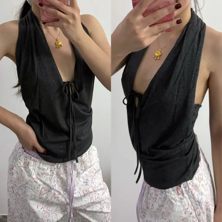 セクシーなオフショルダー深Vネックホルターネックバックレストップス