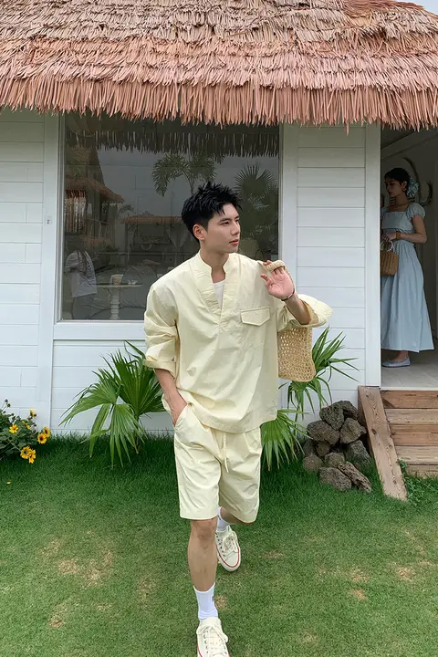 2点セット メンズ シャツ ショートパンツ アメリカンスタイル ストリート ワントーン 上質 カジュアル 夏 「Holocene」