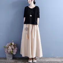コットンリネン製 レディース刺繍入りフリンジ飾りスカート【春夏用・ウエストゴム・ゆったりデザイン】