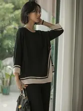 撞色デザインの九分袖シフォンブラウス【女性用・ゆったりシルエット・秋用】（セットアップ対応）