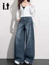 深い青のワイドレッグデニムパンツ【ハイウエスト・ストレート・フィット】