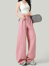 ピンクのプリーツワイドレッグデニムパンツ【ハイウエスト・レディース・夏用】（セットアップ対応）
