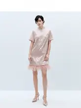 ラメ付きオーストリッチファー取り外し可能なストレートH型短袖ドレス【結婚式やパーティー用・ピンク】