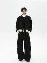 デザイン感あるジッパーカラーコンビネーション立襟ジャケット【男性用・ルーズストレートパンツ・カジュアルスタイル】（セットアップ対応）