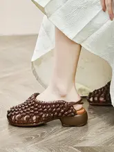 レトロ風 手作り編み込みデザインの女性用サンダル【真皮・ローマスタイル・ショートトゥ・夏季用】（セットアップ対応）