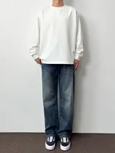 深いブルーのリラクシングデニムパンツ【春秋用・ストレート・ゆったり体型カバー】