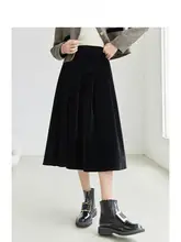 黒のベルベットウールハイウェスト膝丈スカート【Aライン・冬用・女性用】
