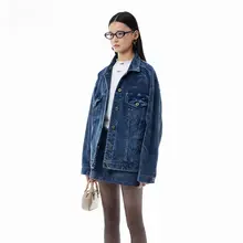 春秋用スタイリッシュデニムコーデュロイ短丈ジャケット【ブルー・女性用】