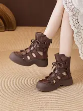 真皮厚底透かしデザイン涼靴【女性用・ヴィンテージスタイル・ショートブーツ】