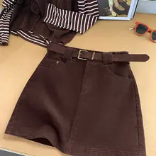 レトロカーキ色のコーデュロイハイウエストミディスカート【Aライン・秋冬用・スリムシルエット】