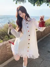 米白色レースデザインのシャツワンピース【春用・フロントボタン・スウィートスタイル】