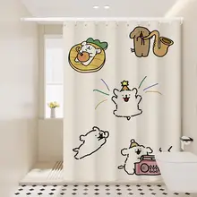 かわいい犬柄の防水バスカーテン【穴あけ不要・カートゥーンデザイン】