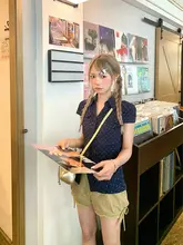 復古風ドット柄ウエストシェイプ女性用ショートスリーブポロシャツ【ポケット付き・夏用】