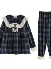 shinely レトロチェック柄 ドルマンスリーブ レース付き パジャマセット【女性用・秋冬・可愛い】