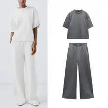 春季新作 極簡デザインのリバーシブル半袖Tシャツとストレートパンツ（セットアップ対応）
