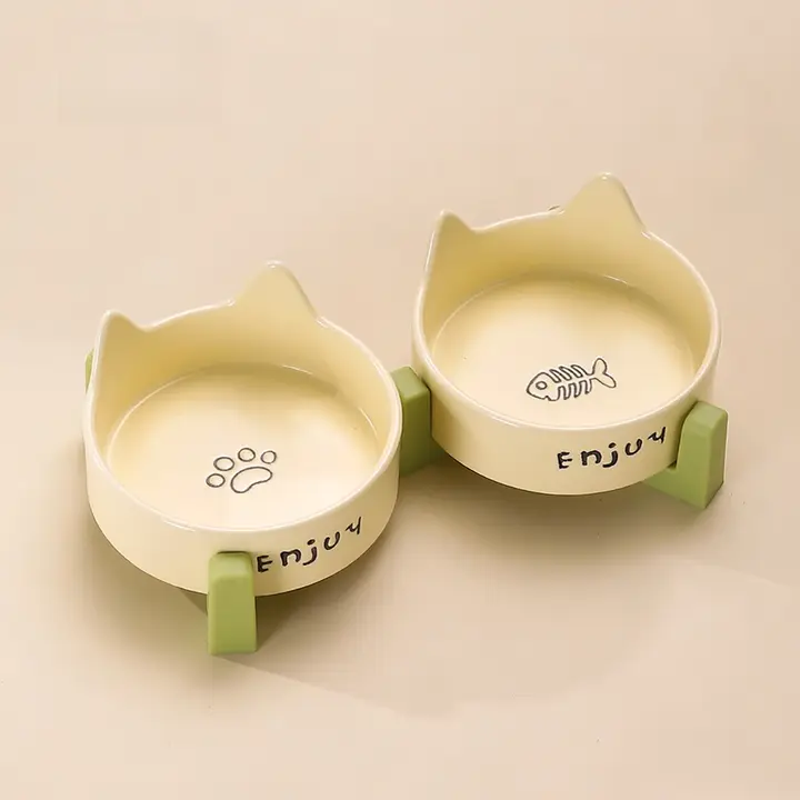 ペット食器 陶器 2連 猫用 犬用 食事 水飲み 転倒防止 首に優しい 傾斜設計