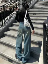 アメリカンスタイルのゆったりしたストレートデニムパンツ【ハイウエスト・ウォッシュ加工・レディース・フルレングス】