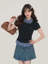 復古風 プリーツデニムミニスカート【Aライン・女性用・カジュアル】