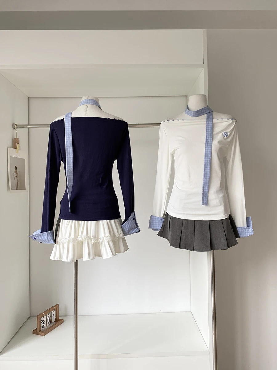 一字肩長袖Tシャツ：かわいい制服風のカジ  ュアルスタイルで通勤に活用