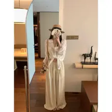 軽やかで感のある女性用ワイドレッグパンツコーディネート【夏用・デザインTシャツ・極上の柔らかさ】（セットアップ対応）
