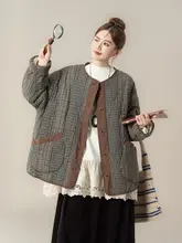 クラシックチェック柄の厚手中綿コート【ゆったりシルエット・ラウンドネック・秋冬用】