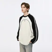 三色パネルデザインの長袖Tシャツ【ユニセックス・秋冬・ルーズフィット・カジュアル】（セットアップ対応）