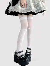 可愛いリボンデザインの白色ロングソックス【うさぎモチーフ・夏用・薄手・ロリータスタイル】