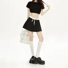 黒色のプリーツスカート【高腰・夏用・フレッシュデザイン】（セットアップ対応）