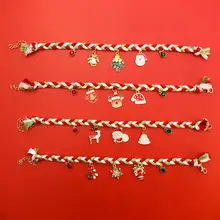 クリスマスカートゥーンデザインのペット用カラー【赤と緑・水晶装飾・無音編みひも】